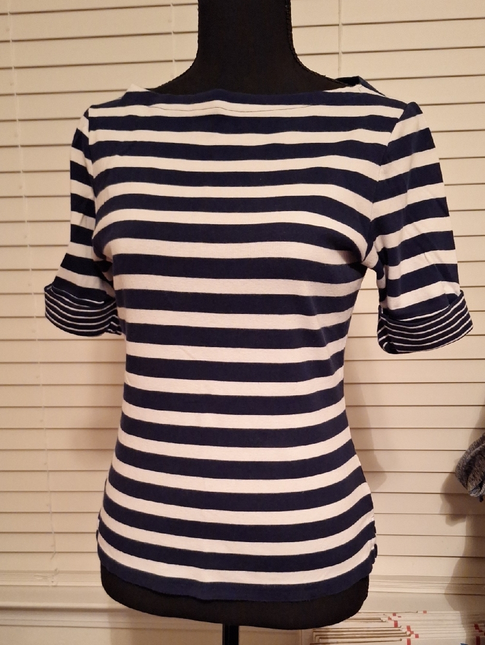 Ralph Lauren Navy and White Striped Short Sleeve Boatneck Tee